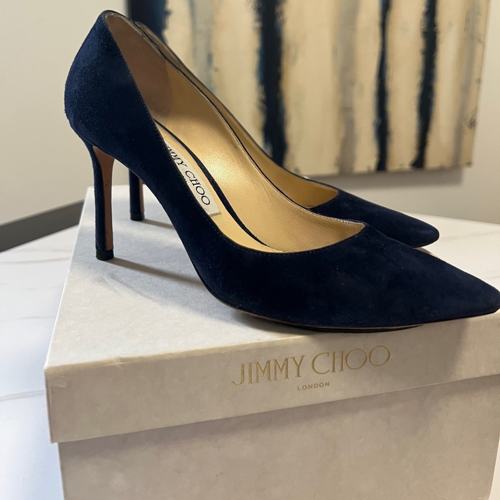 SOLD Jimmy Choo Romy 85 Navy Suede Pumps (36.5)